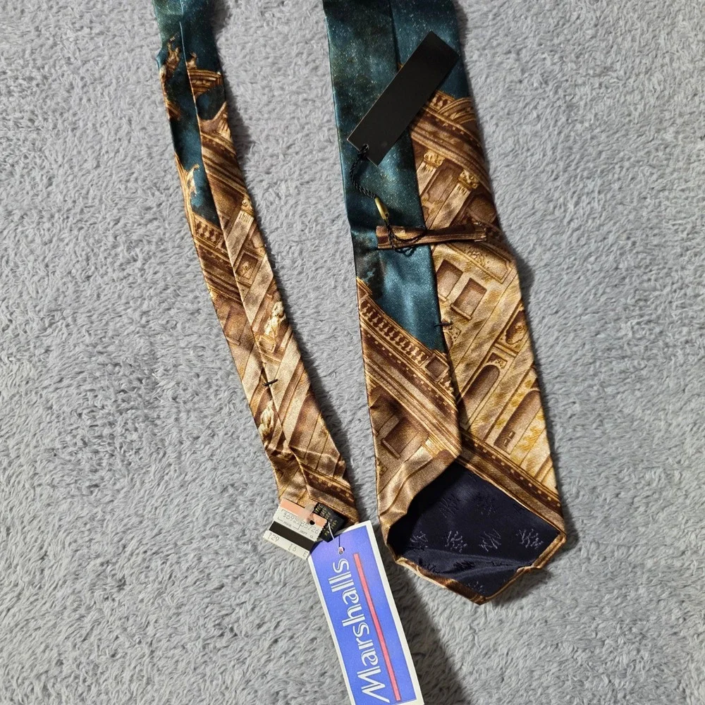 Anne Klein Men OS Silk Necktie Teal Gold Architectural Graphic Made in Italy NWT